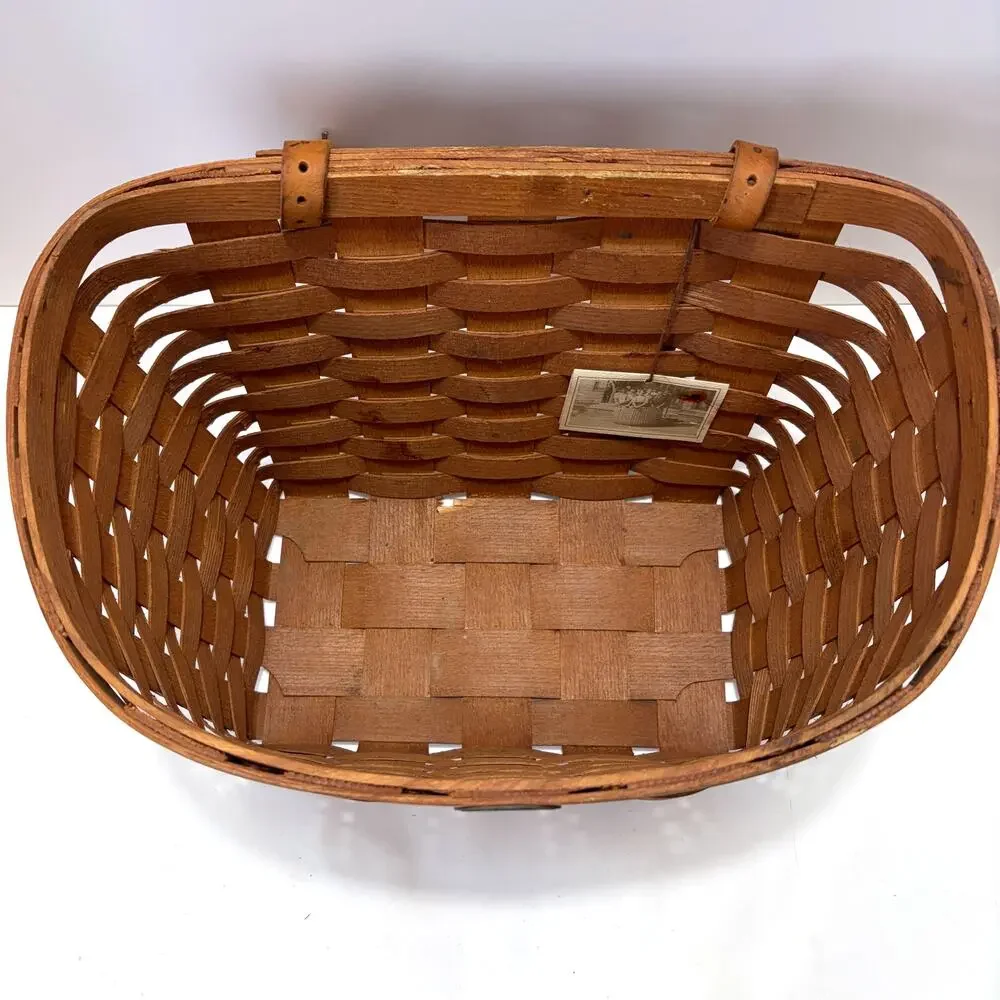 Peterboro Basket Co Bicycle Basket Leather Straps Woven Ash Wood Made USA